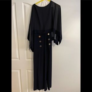 Women’s navy blue jumpsuit and shawl